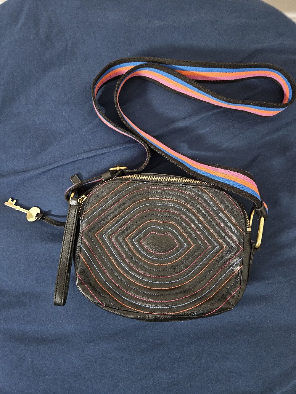 Fossil Black Quilted Crossbody with Rainbow Stripe Strap 💋